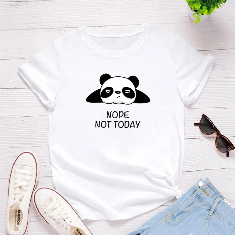 Nope Not Today Panda Print Women T Shirt Short Sleeve O Neck Loose Women Tshirt Ladies Tee Shirt Tops Clothes Camisetas Mujer