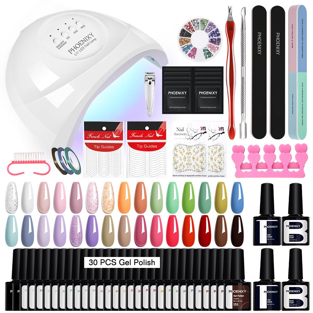 

PHOENIXY 30 цветов гель-лак для ногтей 48 Вт УФ/светодиодная лампа Топ Базовое покрытие Набор для маникюра и инструменты для DIY украшения ногтей Set 02