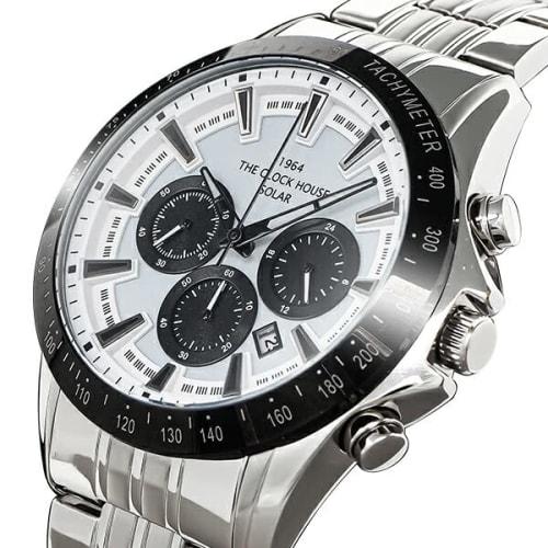 The Clock House Men's Solar Chronograph Watch, Business/Casual, MBC1003-WH1A, White/Black, Panda Color