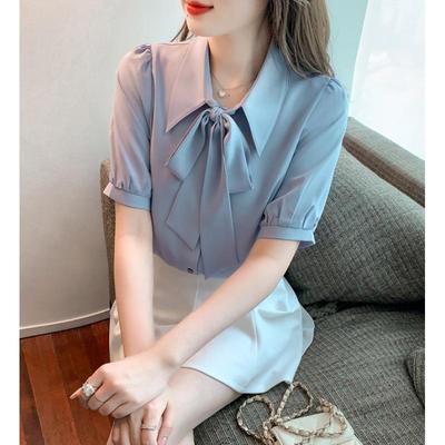 Women's Blue Chiffon Bow Tie Short Sleeve Summer Top