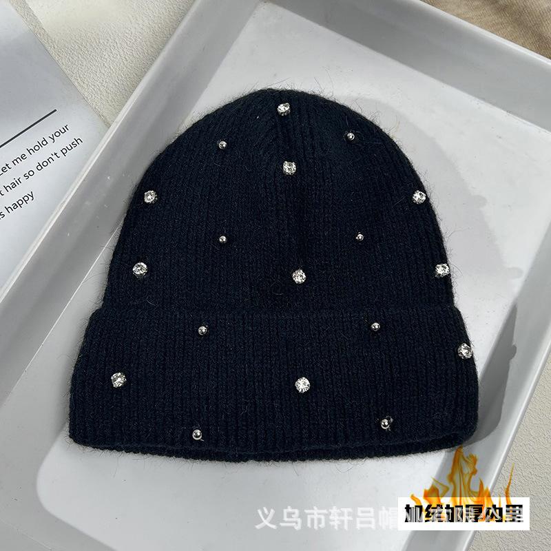 Autumn and winter new plush thickened wool hat women's trendy diamond-encrusted wool cold hat warm knitted hat pullover hat