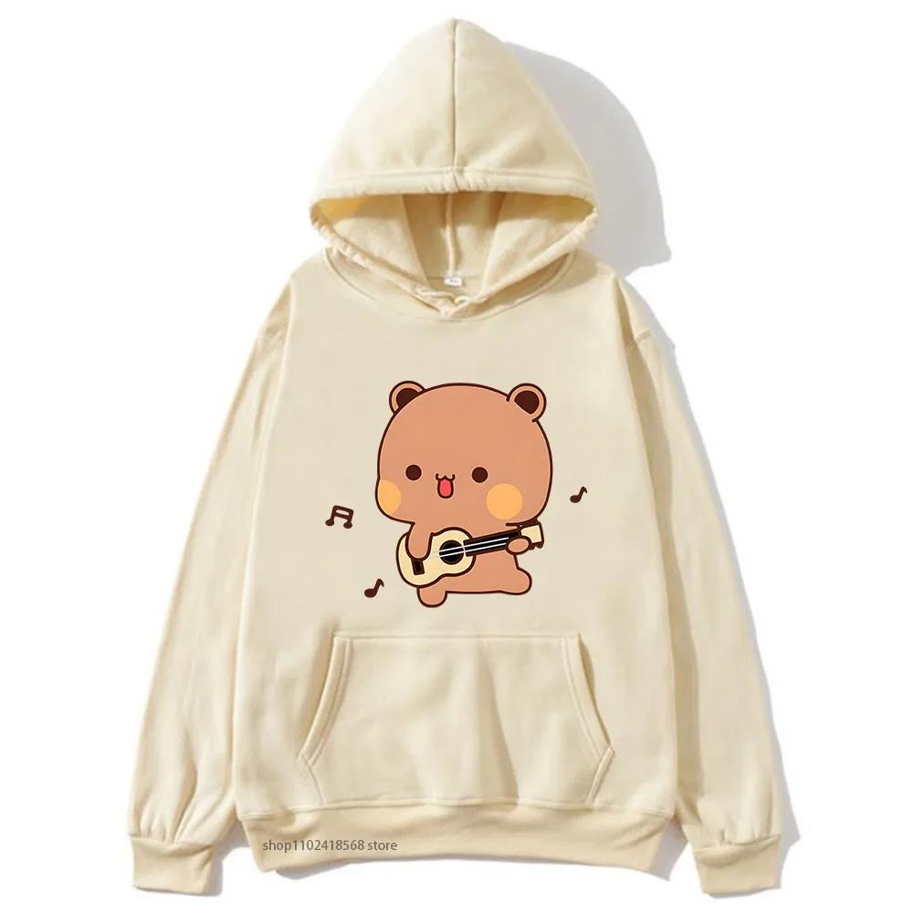 Cute Pretty BuBu Panda in Flowery Head Piece Hoodie DuDu Bear Dancing and Playing with A Guitar Sweatshirt Women Tops