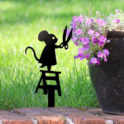 Metall-Ratten-Gartenspieß Wetterfest Schwarz Maus-Dekoration mit Großer Schere Hofschild für Garten Terrasse Gehweg Rasen Zäune Hinterhof Pflanzgefäß Dekor
