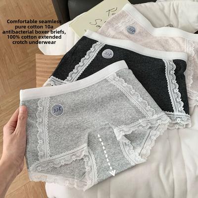 Damen Frühling und Herbst Reine Baumwolle Spitze 10A Antibakteriell Verlängerter Schritt Hüftumschließend Atmungsaktiv Mittelhoch Bund Flachwinkel Slips