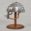 Medieval Steel Norman Nasal Viking Helmet On Wooden Stand Viking Conical Helmet with Leather Chinstrap Historical Armor Display