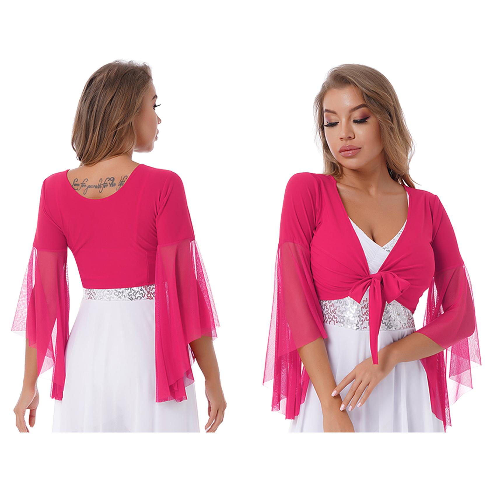 

Женский блестящий топ на шнуровке с кисточками для танца живота, кружевной топ с расклешенными рукавами 3/4, шаль, укороченные топы, танцевальная одежда One Size горячий розовый