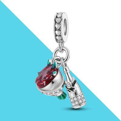 Red Rose Bouquet & Champagne Pendant Charms Fit Charm Bracelet Diy Festival Gift For Women Silver Color