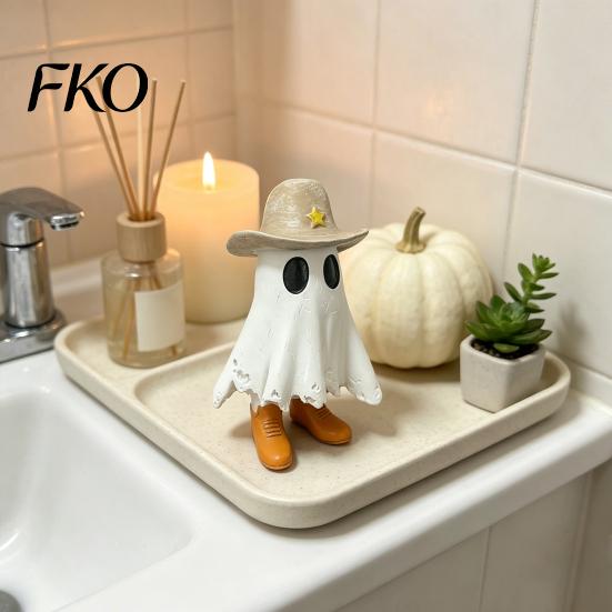 Weiße Geisterdekoration Halloween Cowboy-Statue, Gruselige Harzfigurine, Westliche Tischdekoration Skulptur mit Stiefel und Hut für Kaminsims, Etagen