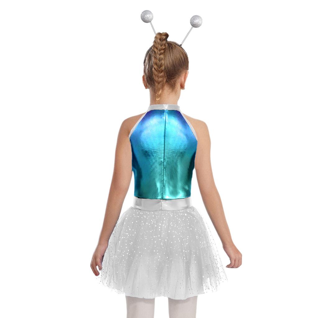 Girls Shiny Metallic Alien Costume Halter Sleeveless Built In Briefs Press Buttons Mesh Tutu Dress Hair Hoop Set