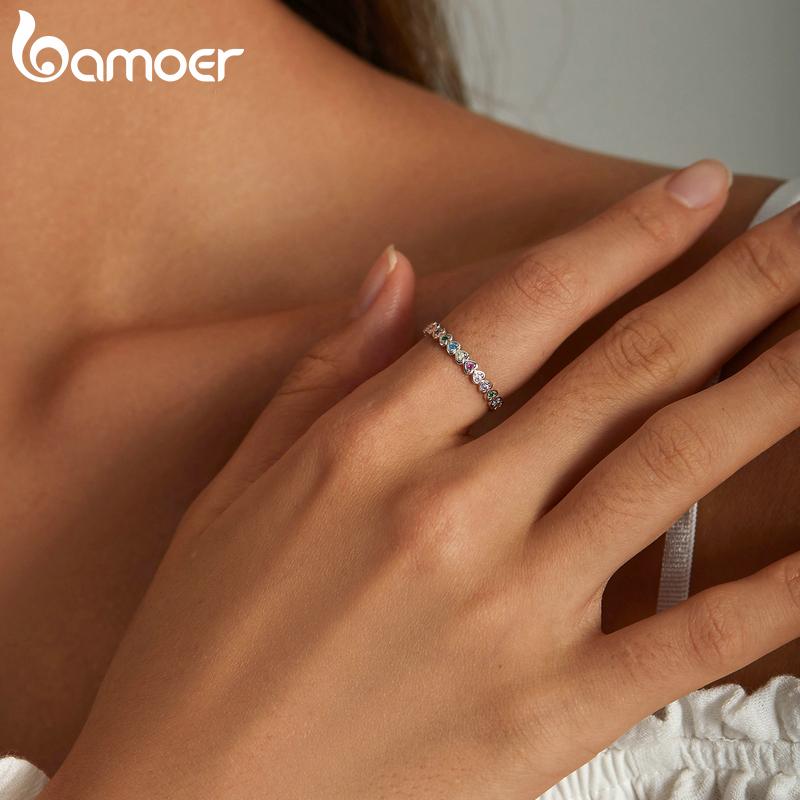 BAMOER 925 Sterling Silver Exquisite Original Colorful Heart-shaped Zircon Ring for Women Fine Jewelry