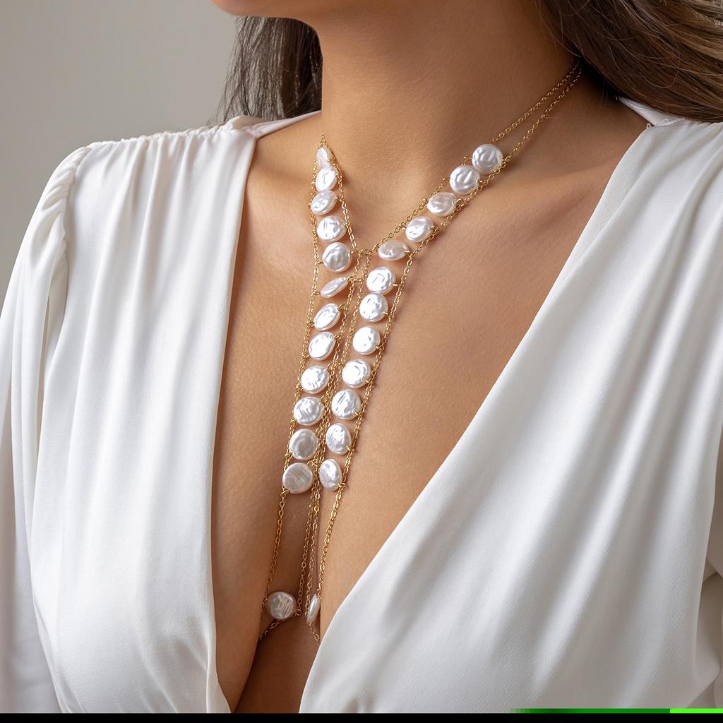 Sexy Exaggerated Beach Casual Body Wear Jewelry Chain Necklace, Imitation Pearl Pendant, Fringed Necklace, Breast Chain for Women
