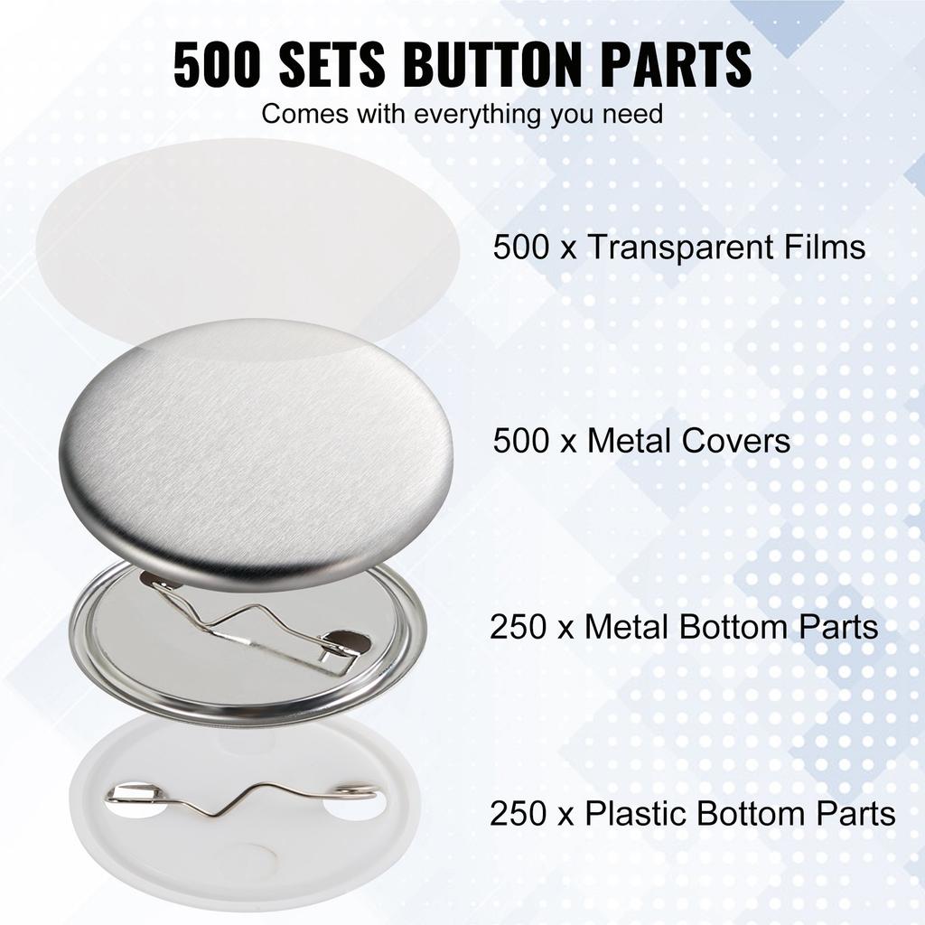 VEVOR 500 Sets 1.25 inch 32mm Pin Back Button Parts, DIY Round Button Badge Parts, Set Includes Metal Top, Plastic/Metal Button, Clear Film