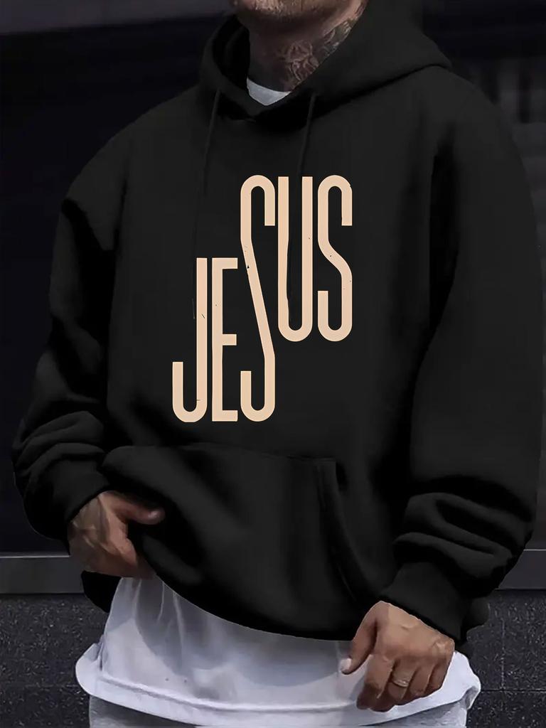 JESUS" Minimalist Letter Print Sweatshirt, Featuring a Faith-inspired Artistic Style with Understated Texture, Conveying a Warm and Positive Attitude