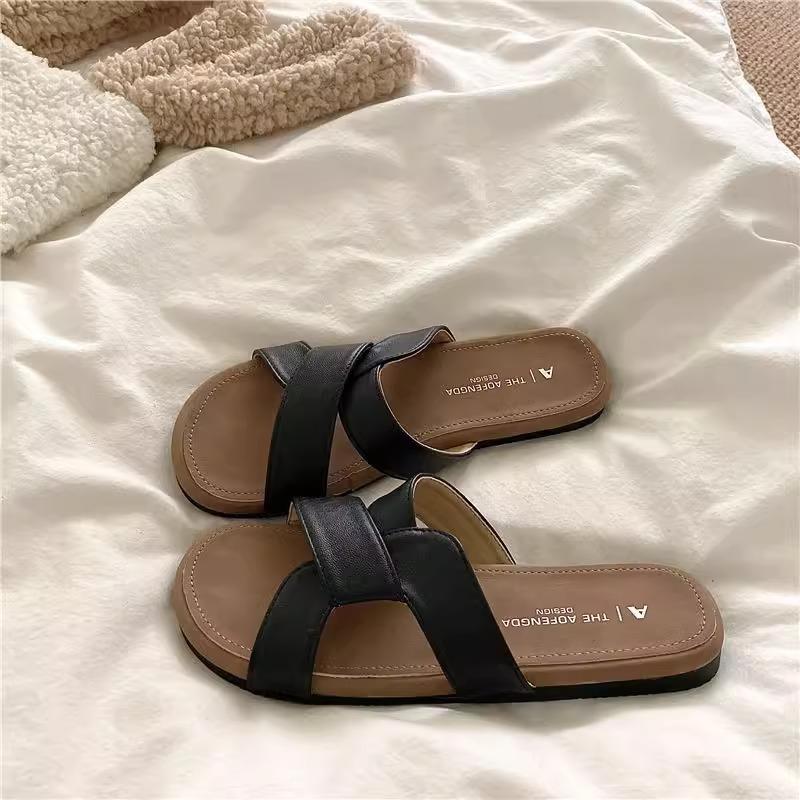 Soft Leather Version~ Textured Niche Fashion Cross Slippers Women's Soft Bottom Outer Wear Summer Flat Bottom One Word Beach Cool Slippers