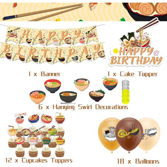Ramen Party Decorations Japanese Noodles Birthday Decorations Includes Ramen Happy Birthday Banner Cupcake Toppers Cake Topper Spirals Balloons for