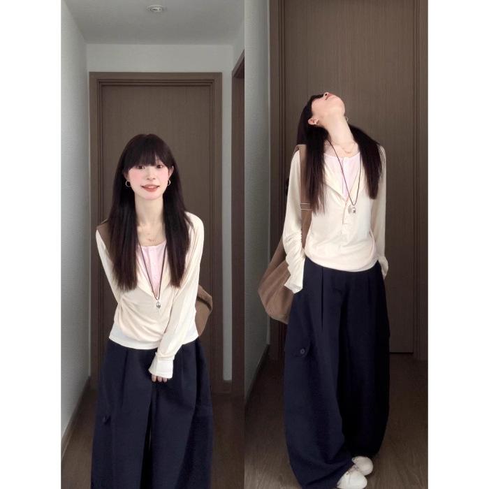 [Human cotton] Korean pink fake two-piece long-sleeved T-shirt for women s autumn loose inner lazy versatile bottoming shirt S