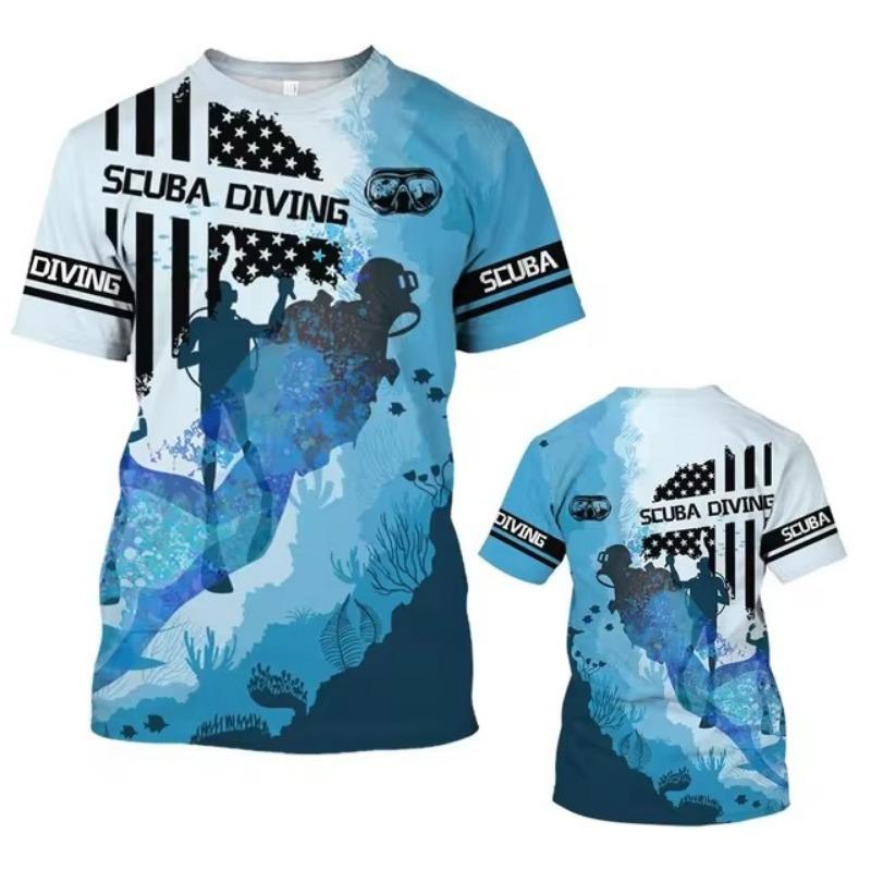3D Diving Print Men's Novelty Short Sleeve Crew Neck T-shirt, Summer Outdoor