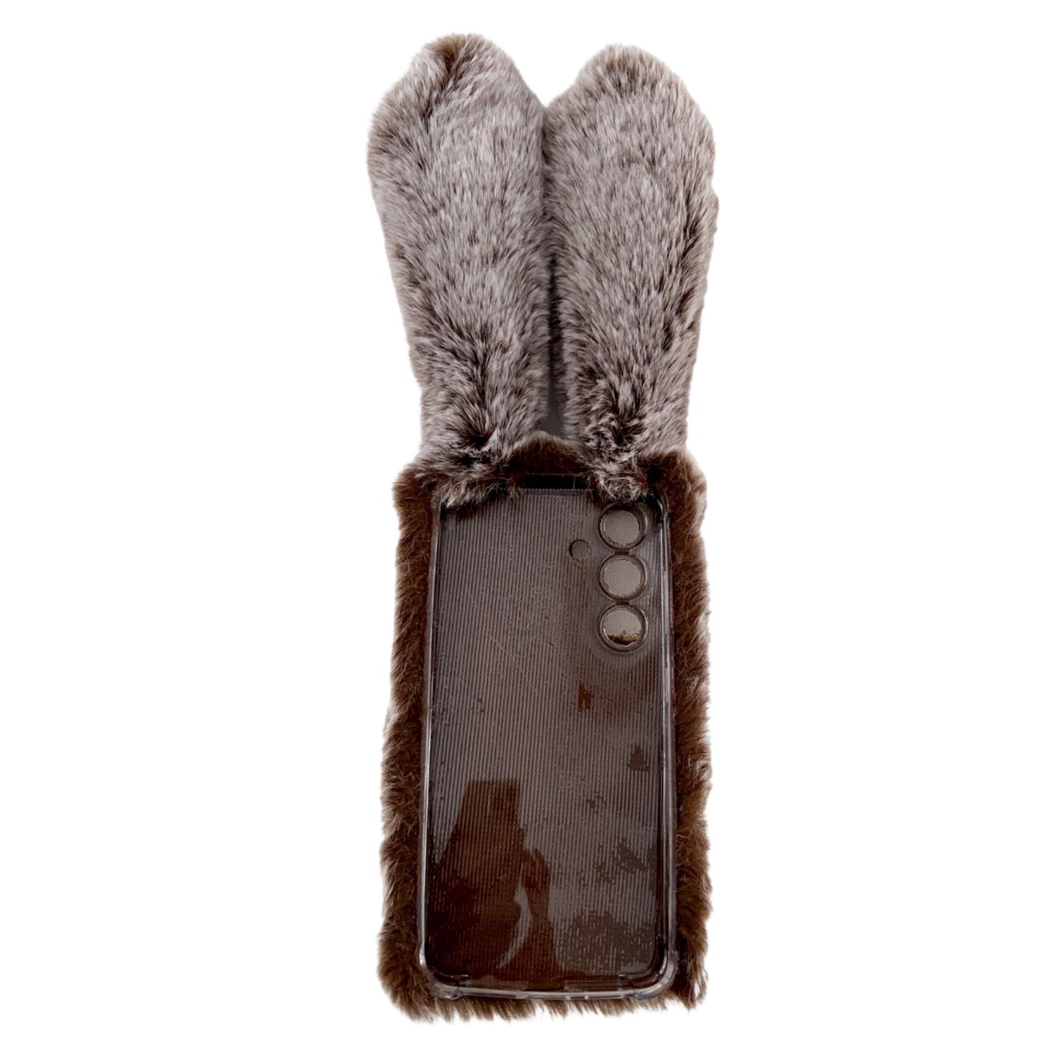 

For Samsung Galaxy S24 Case 3D Bunny Ears Soft Furry Hairball Fuzzy Phone Cover Pink