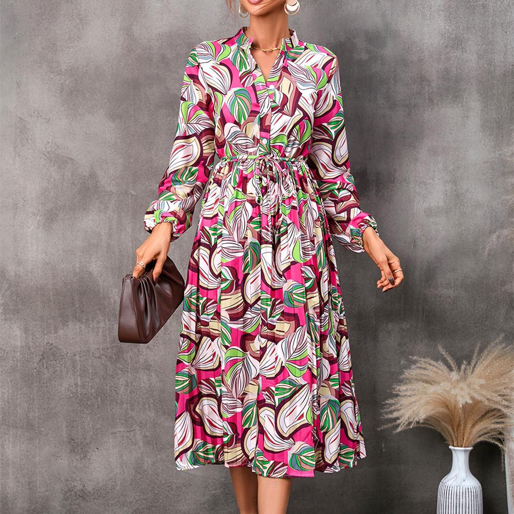QICED Women's Fashion Autumn Winter Floral Print Long Sleeve V-Neck Casual Dresses
