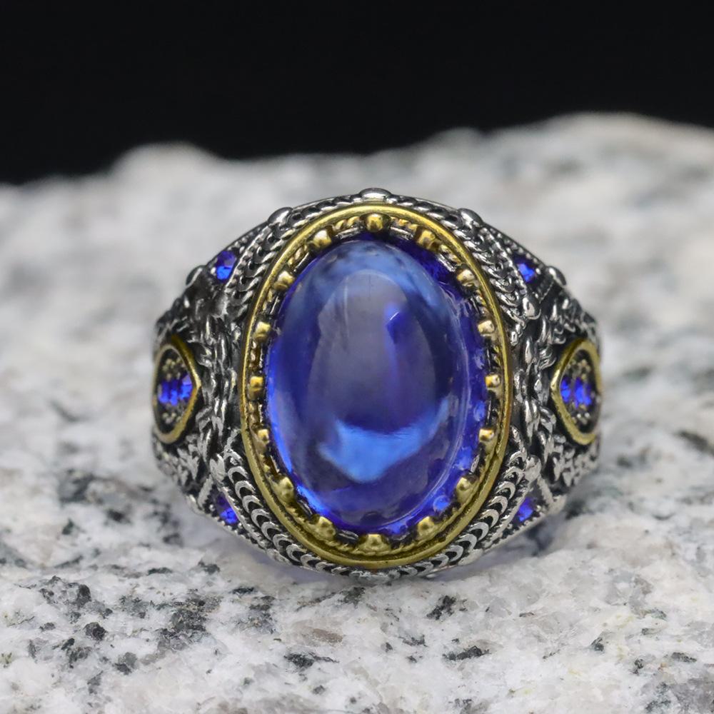 Retro Hemp Rope Braided Pattern Sapphire Men's Punk Fashion Two-color Ring