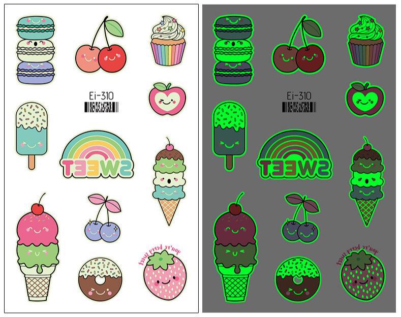 Luminous Cartoon Dessert Tattoo Stickers for Kids - Ice Cream, Donut, and Candy Themes