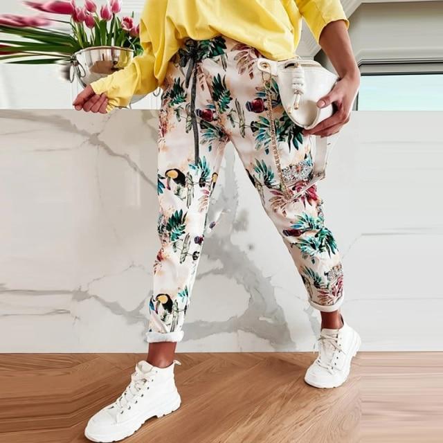 Spring Summer New Flower Print Long Pants Fashion Lace-Up Elastic Waist Sport Trousers Casual Women Pocket Sweatpants Streetwear