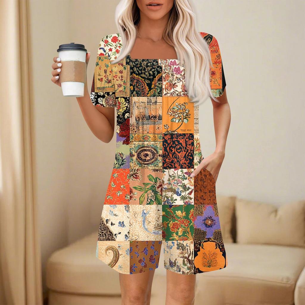 Women's Fashionable And Casual Short-sleeved Pleated Pocket Jumpsuit Printed Jumpsuit Shorts