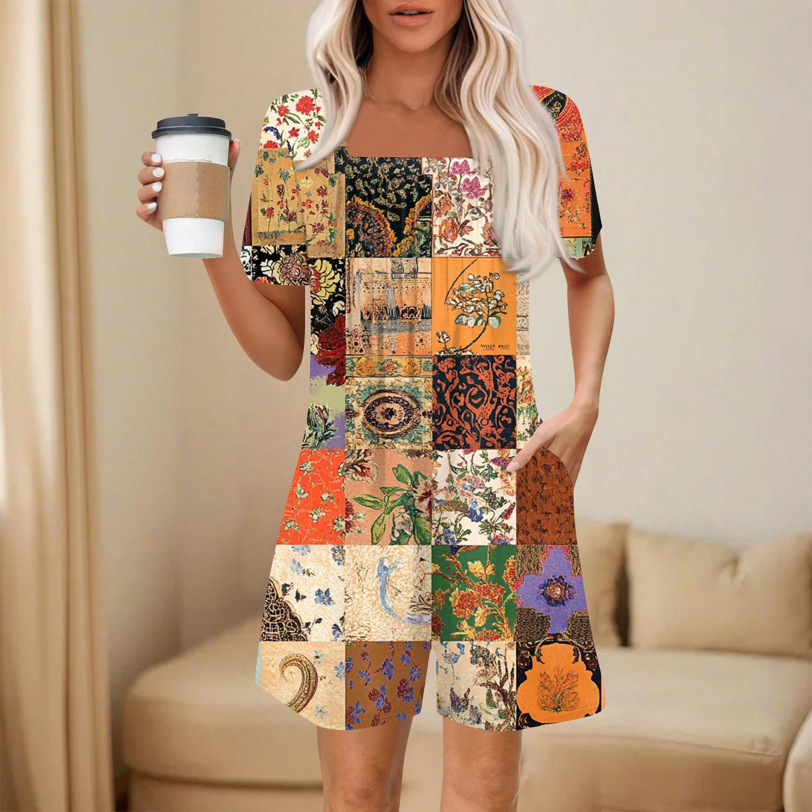 

Женский модный и повседневный комбинезон с короткими рукавами и карманами, принтованный комбинезон-шорты L оранжевый