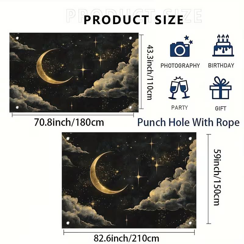 2D Elegant Golden Crescent Moon with Sparkling Stars and Clouds