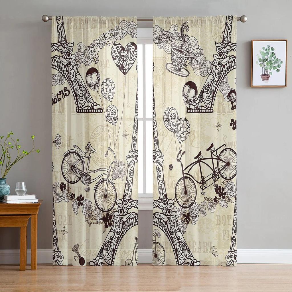 Red High Heels Eiffel Tower Butterfly Tulle Curtains for Bedroom Modern Voile Curtains Home Decoration Window Curtains
