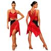 Women‘s Latin Dance Set V Neck Sleeveless Fringe Top Crisscross Back with Irregular Hem Color Block Skirt for Cha Cha Tango Stage Show