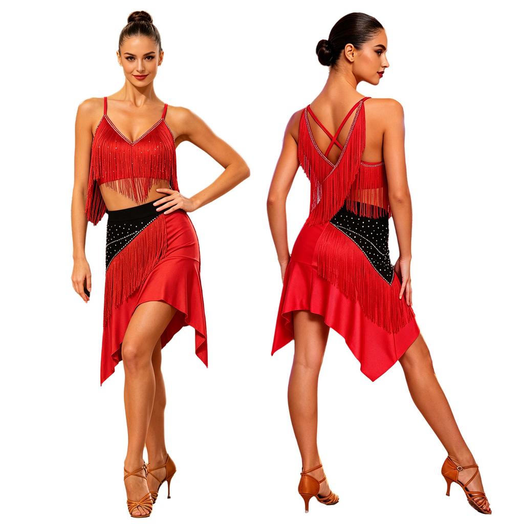 Women‘s Latin Dance Set V Neck Sleeveless Fringe Top Crisscross Back with Irregular Hem Color Block Skirt for Cha Cha Tango Stage Show