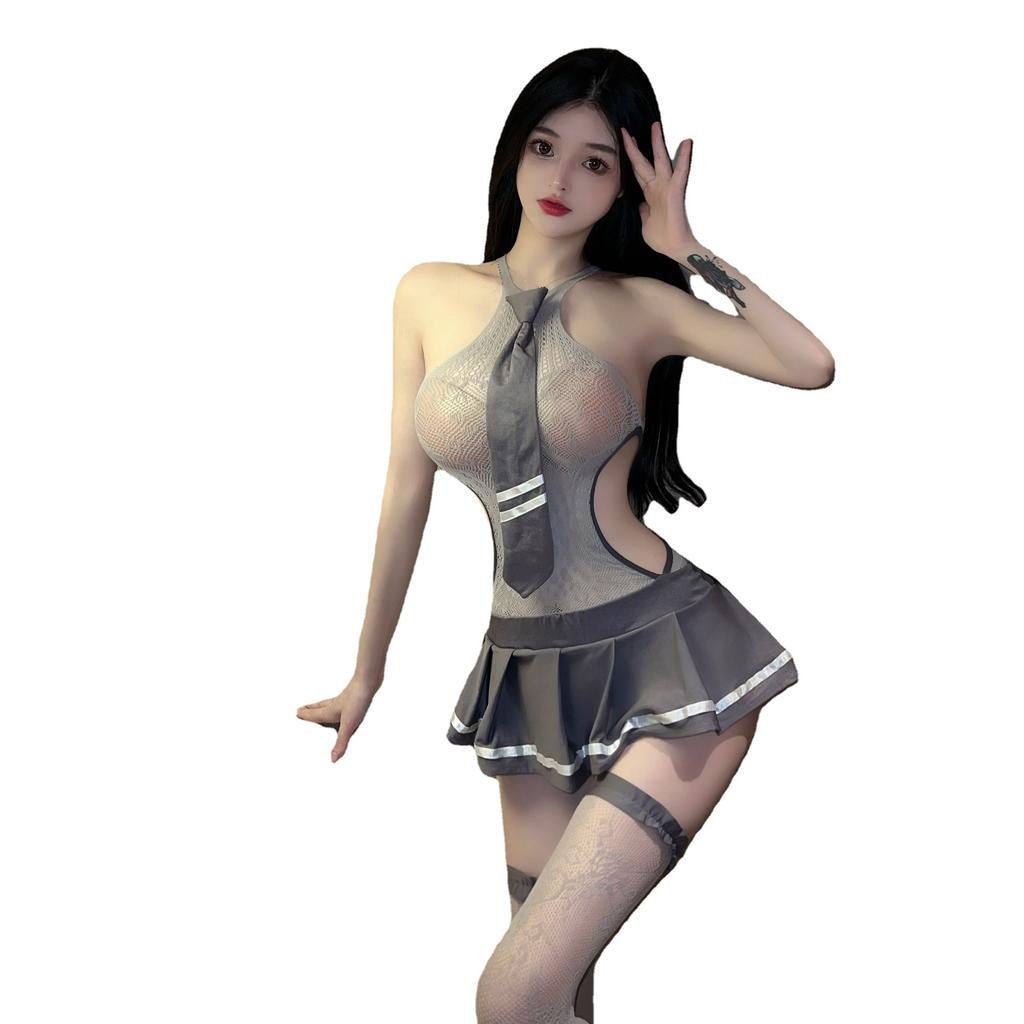 Sexy lingerie sexy sweet cool school girl mesh dress set bachelor uniform set gray mesh