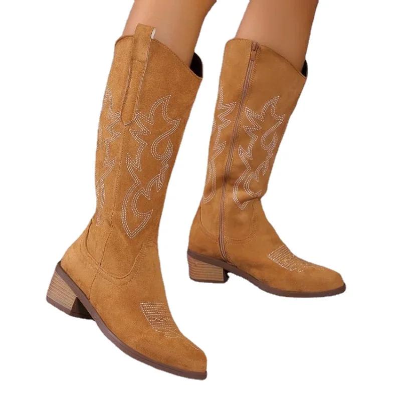 Fashion Women Embroidery Knight Boots Women Retro Square Toe PU Leather Knee High Boots Female Autumn Winter Western Cowboy Botas Mujer