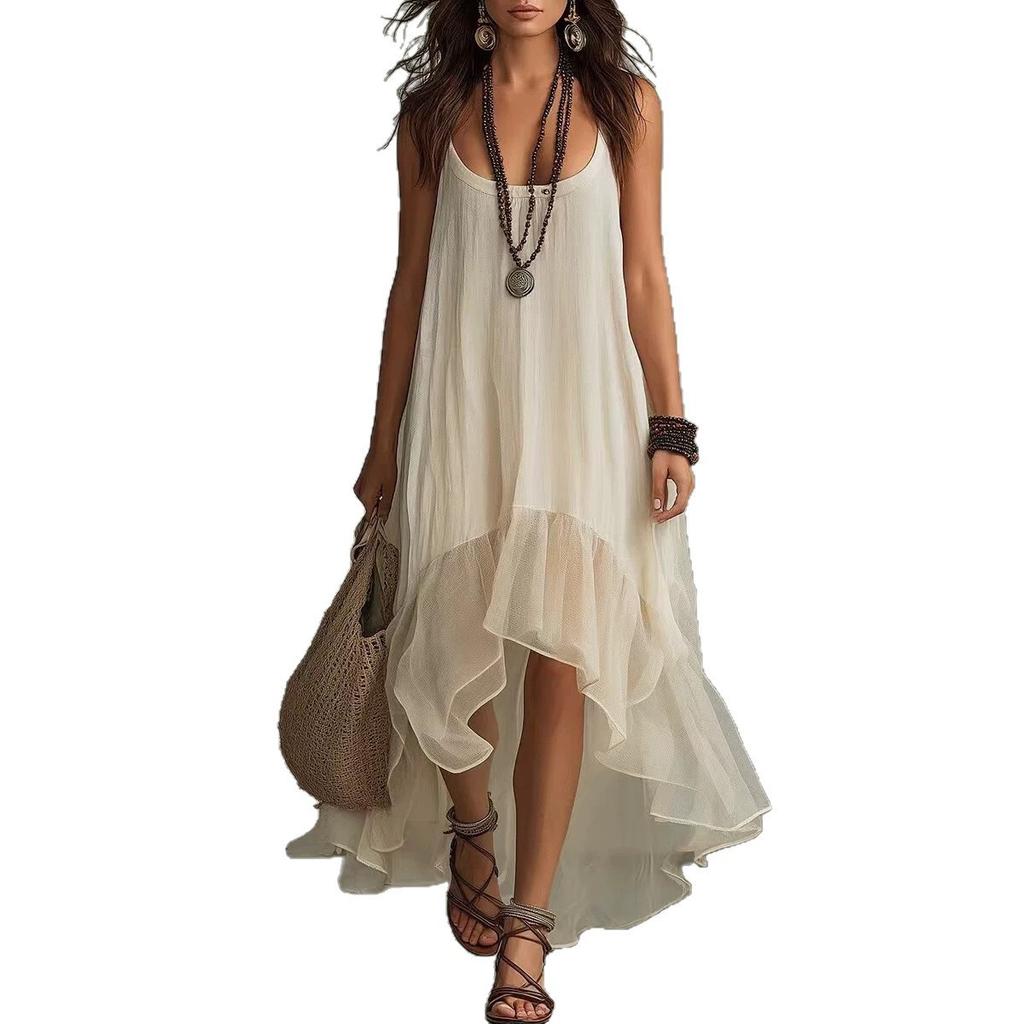 New lazy and relaxed bohemian vacation solid color suspender U-neck women's dress