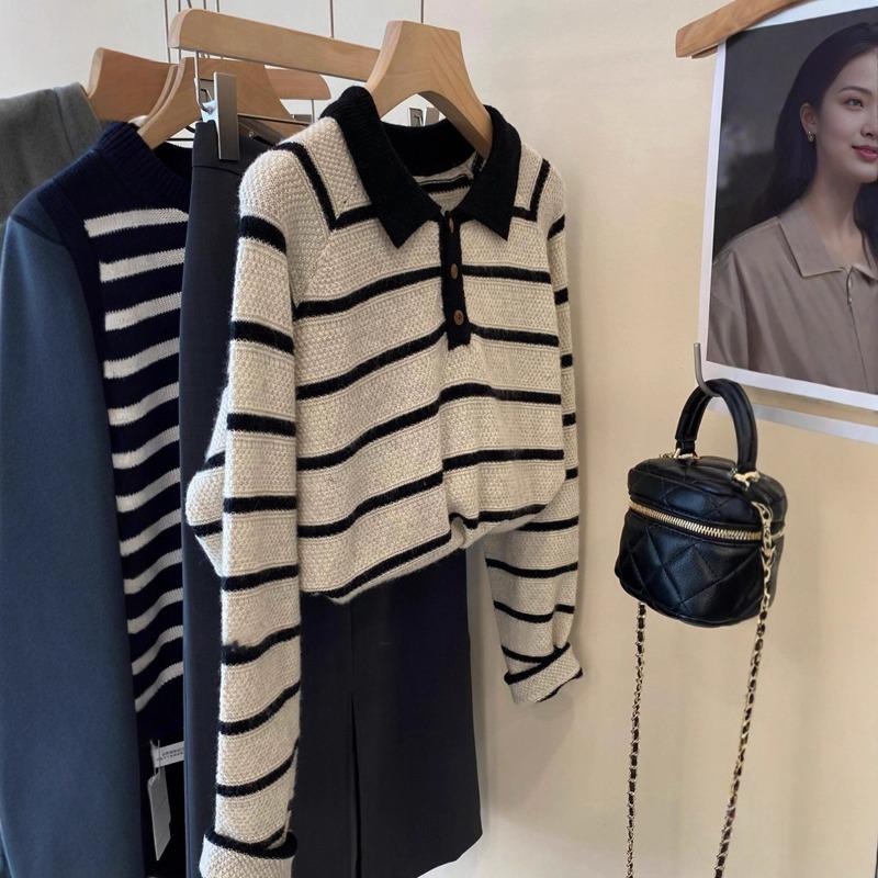 Premium Contrasting Color Striped Polo Lapel Pullover Knitted Sweater Women's Autumn and Winter Design Sense Niche Hong Kong Flavor Versatile Sweater