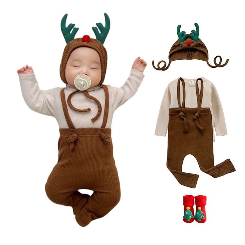 

HASAKI Baby Christmas Leggings, 4-Piece Set, Santa and Reindeer Costume, Overalls, for Babies (66-90cm), Kigurumi-Style, with Suspenders, Comfortable