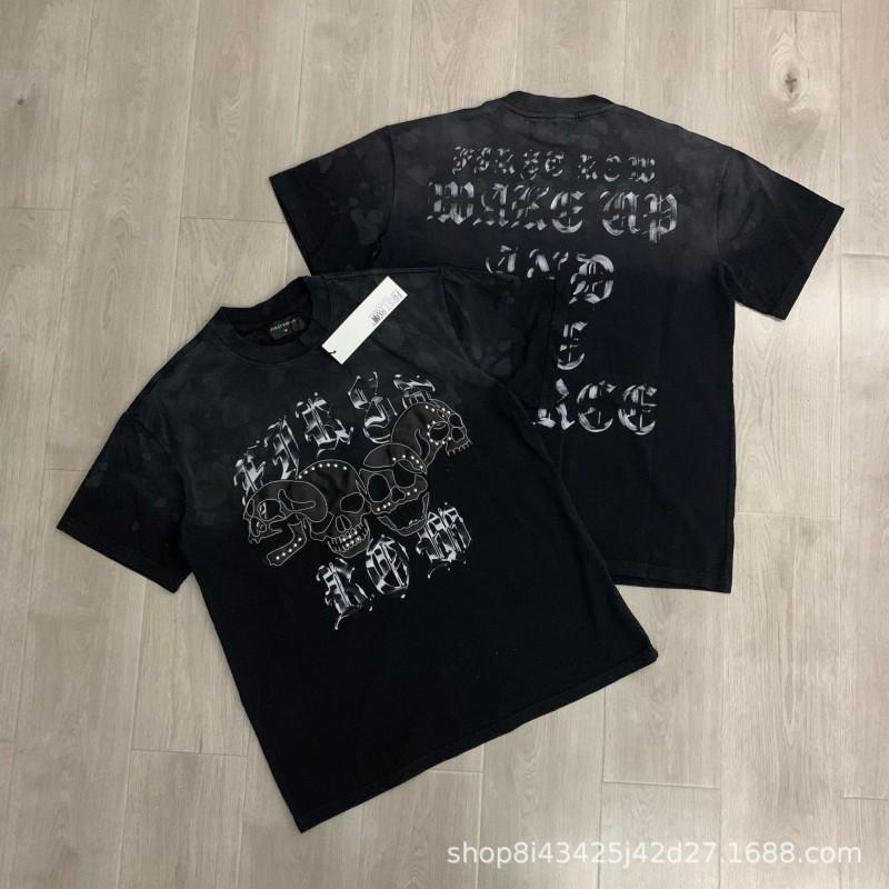 Unisex Oversized Box Fit Cotton Tee With Embroidered Rhinestone Washed Print Round Neck Short Sleeve Casual Top