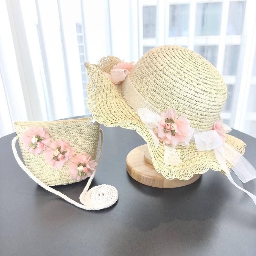 Solid Color Sun Hat Floral Style Fisherman Hat Trend Straw Hat Small Bag Set Fashion Accessory