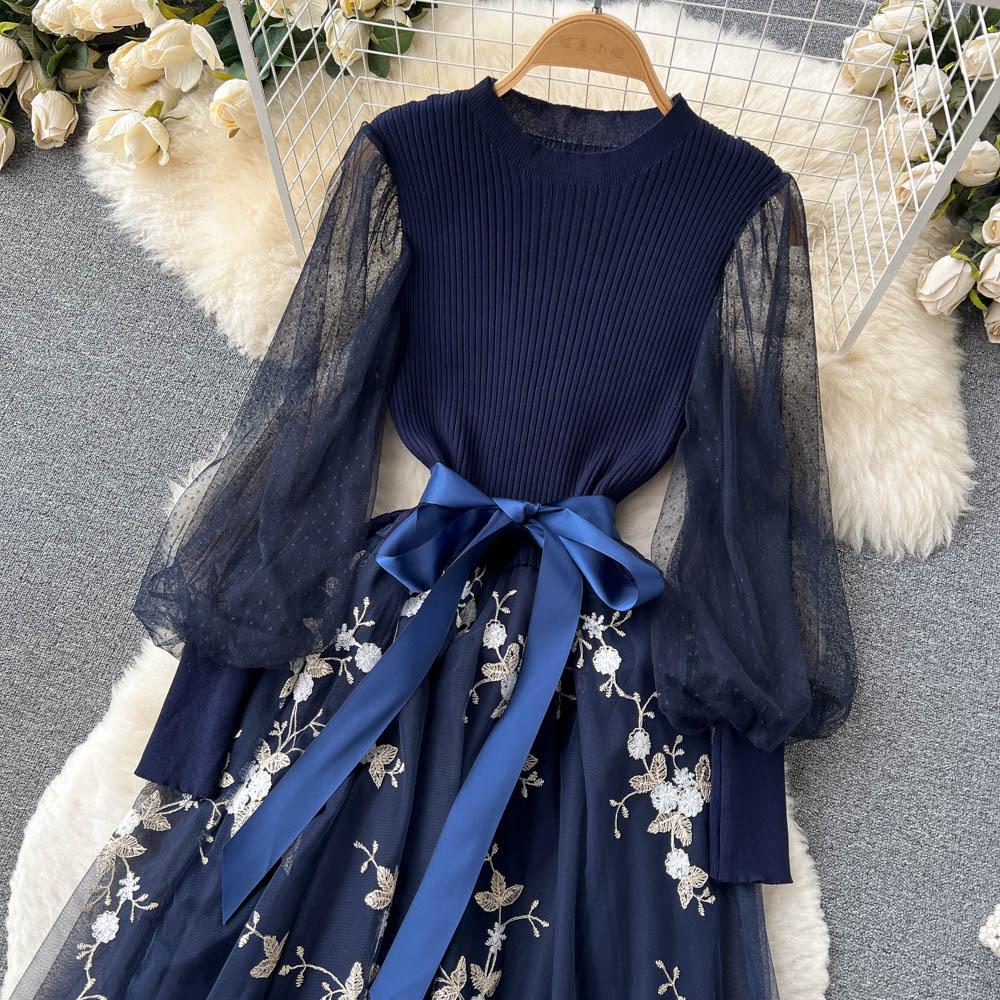 Spring Floral Knitted Long Dress Women Autumn Long Sleeves A Line Patchwork Mesh Embroidery Dresses