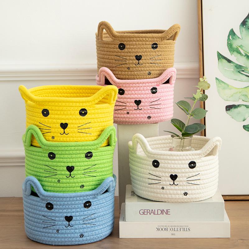 Colorful Cat Cotton Rope Storage Basket for Cosmetics, Toys, Keys & Books