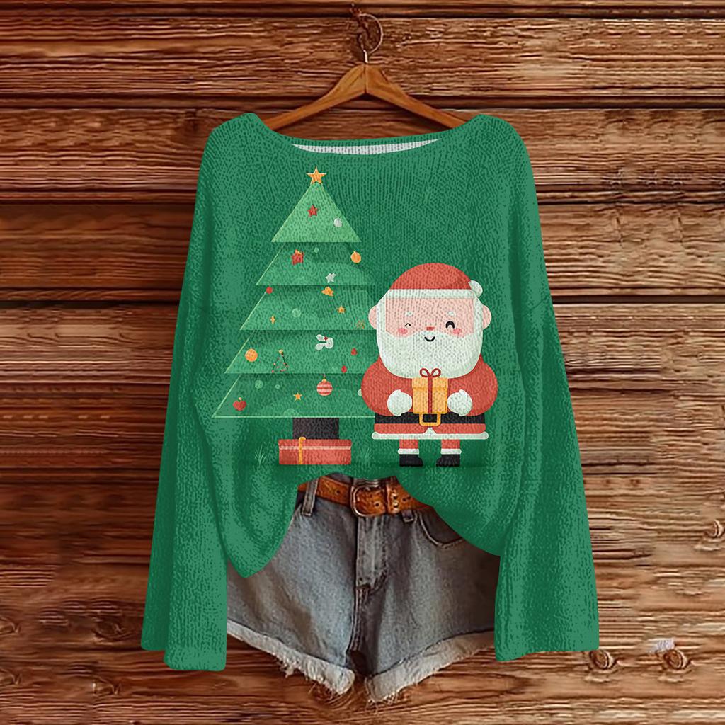 Women's Casual Fashion Round Neck Top Christmas Print Long Sleeve Knit Pullover