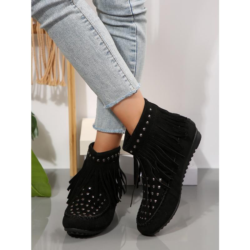 Fall New Style Rivet Fringed Boots for Export, Large Size Women's Round-toe Flat-bottom Short Boots