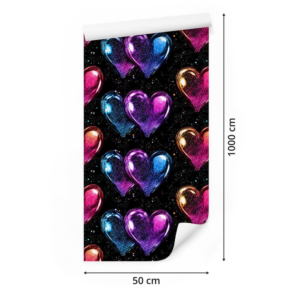 Neon Glitter Hearts Wallpaper Black and Purple 50x1000