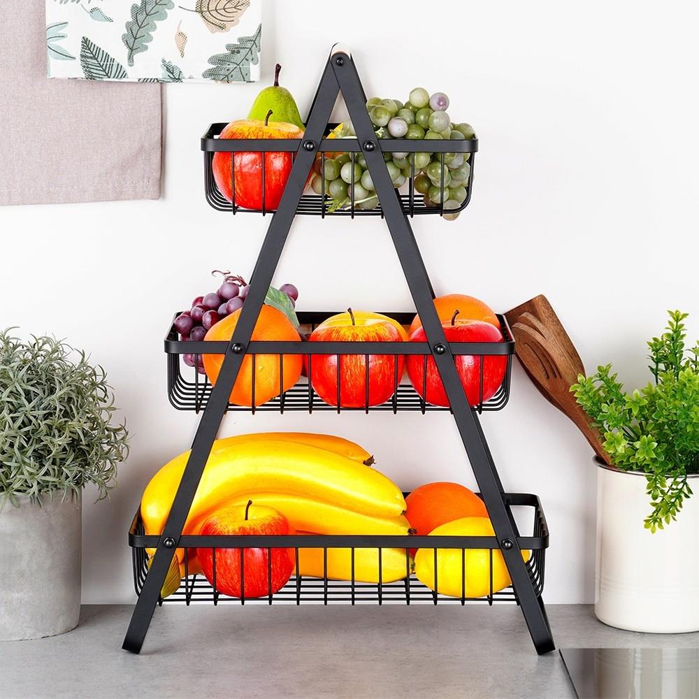 Three-tier basket for fruits and vegetables, black metal platter