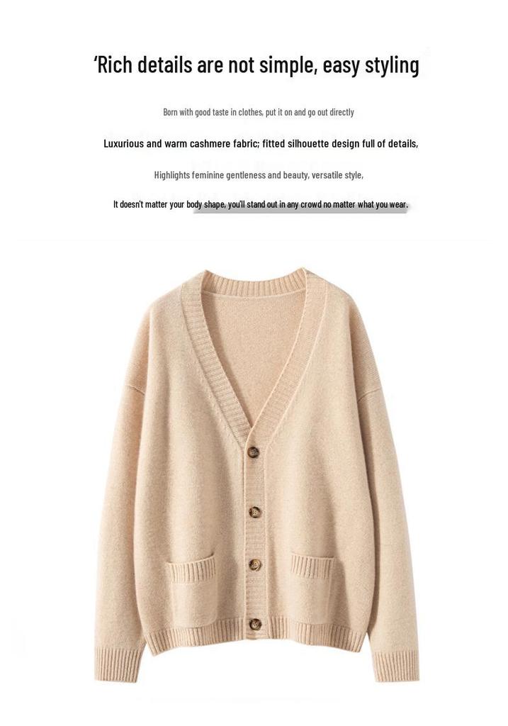 Women's Minimalist V-Neck Cashmere Cardigan - Buttoned, Thick, Wool Sweater Coat