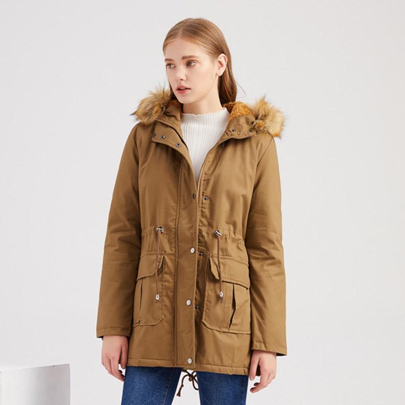 Giacca calda chic da donna in pile invernale con cappuccio e collo in pelliccia tinta unita a maniche lunghe con coulisse S-3XL