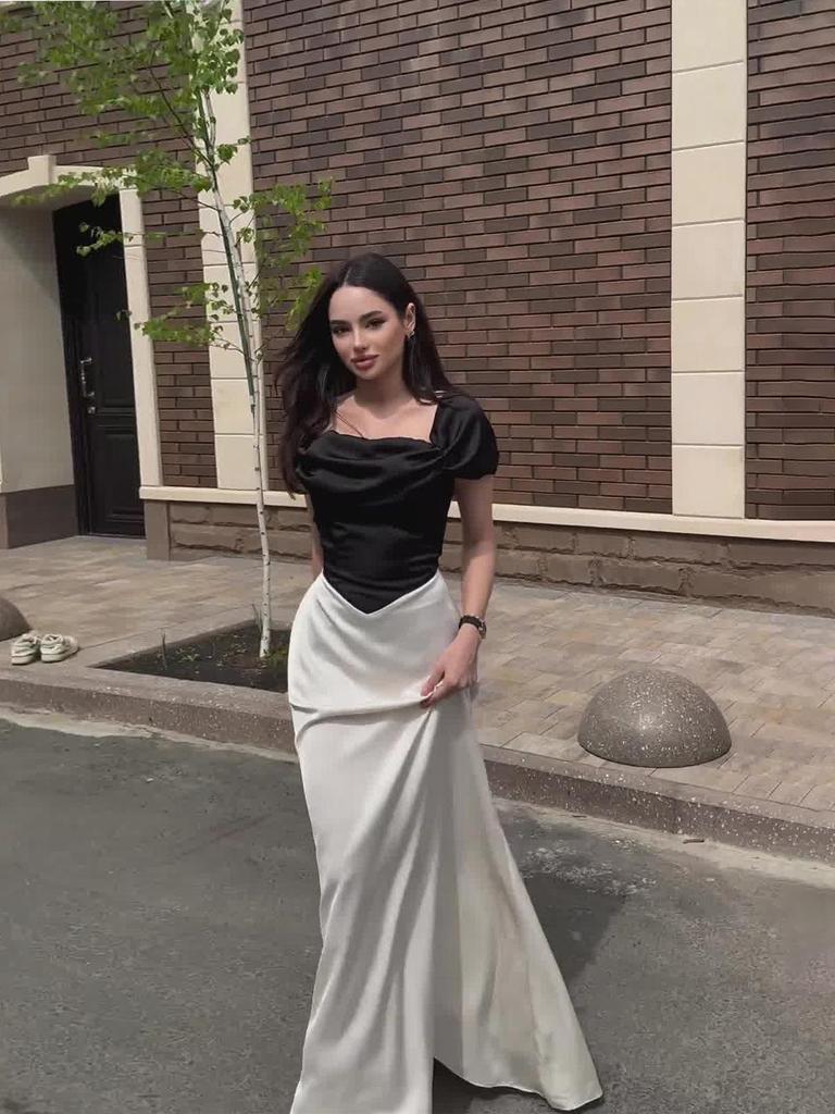 Frühling 2024 Schwarz & Weiß Satin Slim Fit Puffärmelkleid