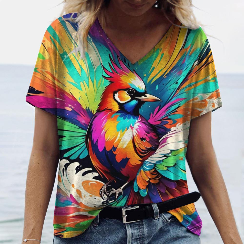 New Peacock Animal T-Shirts Cat Dog 3D Print Women V-Neck Short Sleeve T Shirt Y2K Tees Oversized Harajuku Top Female Clothing
