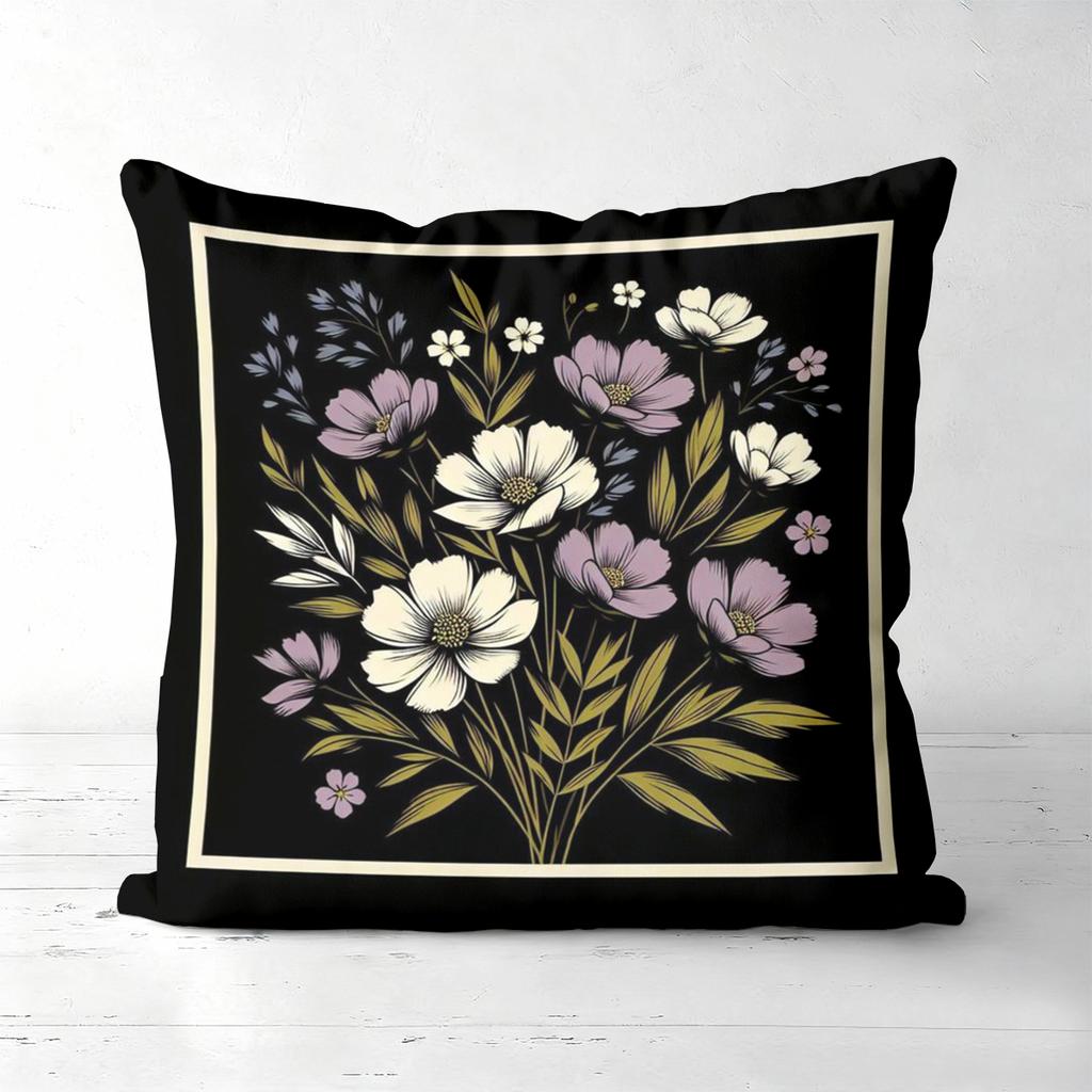 Floral Pattern Black Throw Pillow For Home Decor Polyester Pillowcase, Sofa Decorative Cushion Cov Headboard Pillow